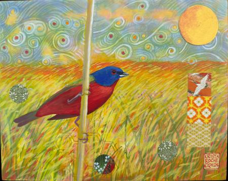 In a Windy Field (Painted Bunting) | 8" x 10" | acrylic/collage | $450.00