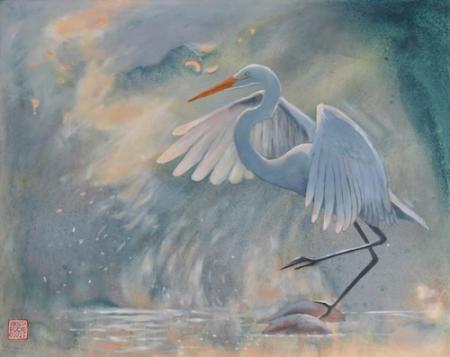 Morning Dance (Great Egret) | 16"x20" | acrylic | $895