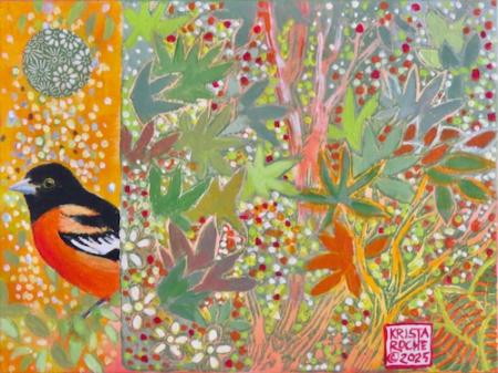Foliage Fantasy with Baltimore Oriole | 6"x8" | acrylic/collage | $325.00  