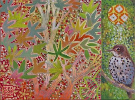 Foliage Fantasy with Woodthrush | 6"x8" | acrylic/collage | $325.00